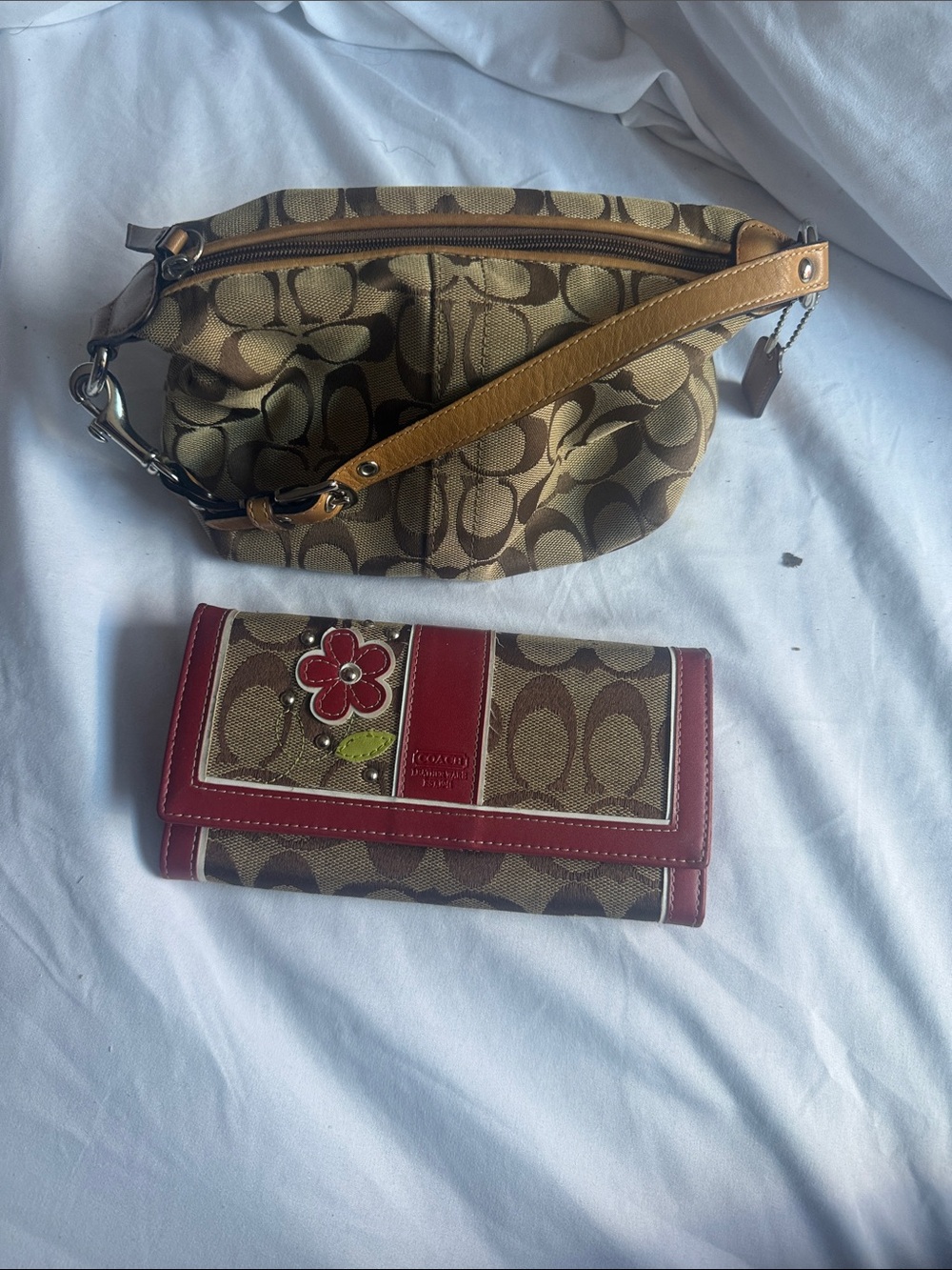 Coach Brown Signature Canvas Wristlet and Floral-Accent Wallet accept offers